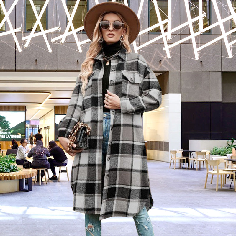 Women's Plaid Print Long Sleeve Warm Tweed Coat