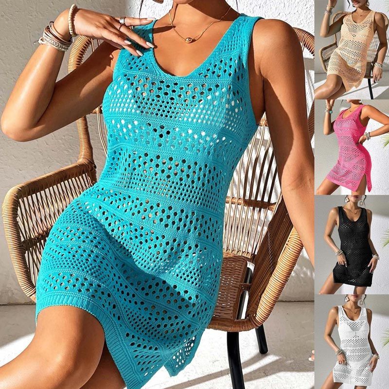 Women’s Elegant Knitted Hollowed Beach Dress In Solid Color