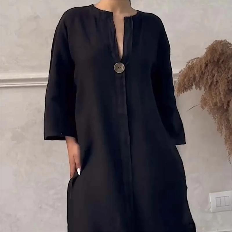 Casual Breathable 3/4 Sleeves V Neck Solid Color Dress