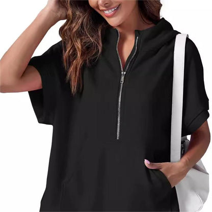 Oversized Casual Half Zip Short Sleeve Pullover Tops with Pockets