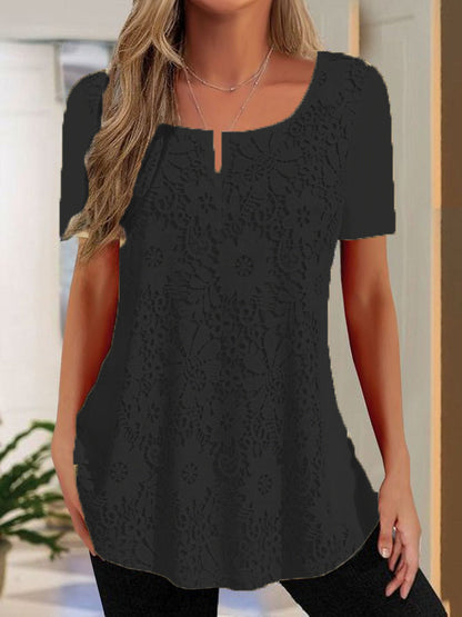 Women's V Neck Lace Short Sleeve Casual Shirt