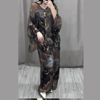 Women 2 Piece Outfits Elegant Printed Top Loose Wide Leg Pants