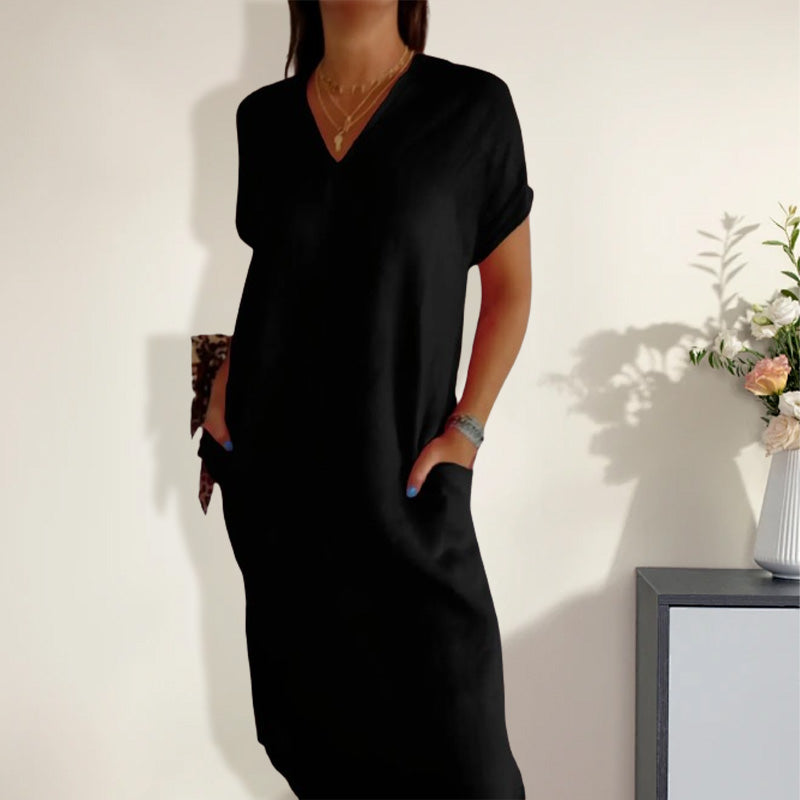 V-Neck Short Sleeve Slit Dress For Women