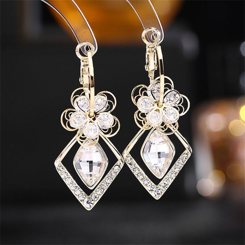 Flower Zircon Rhombic Sapphire Drop Earrings