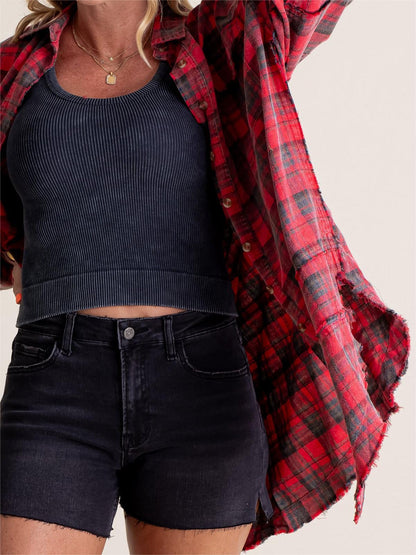 Women's Mineral Washed Button Down Plaid Shirt