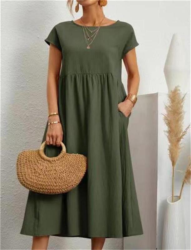 Fashion Solid Color Cotton Linen Pocket Dress