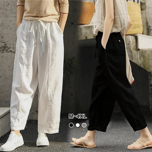 Vintage Cotton And Linen Elastic Waist Casual Trousers For Woman