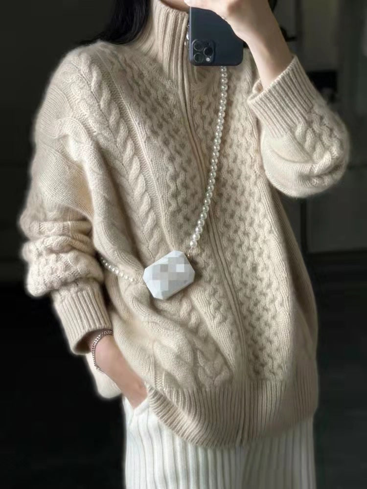 Women's Cardigan Sweater Jumper Cable Knit Cropped Zipper Solid Color Open Front Stylish