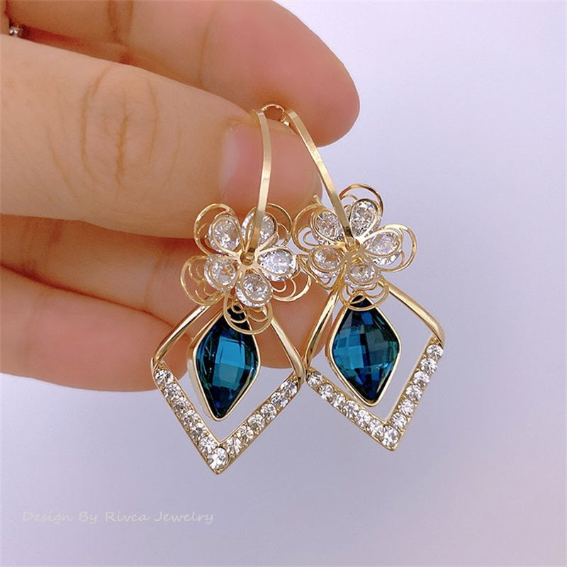 Flower Zircon Rhombic Sapphire Drop Earrings