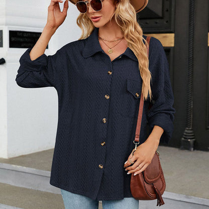 Women's Lapel Knit Long-Sleeve Button Down Top