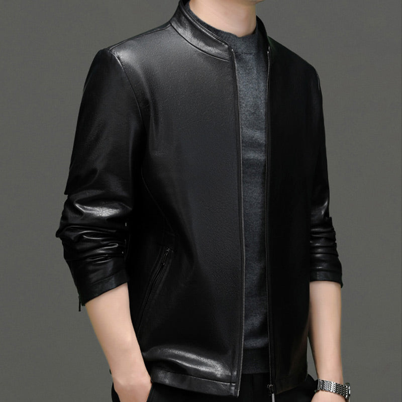 Men's Classic Leather Jacket with Zipper Front