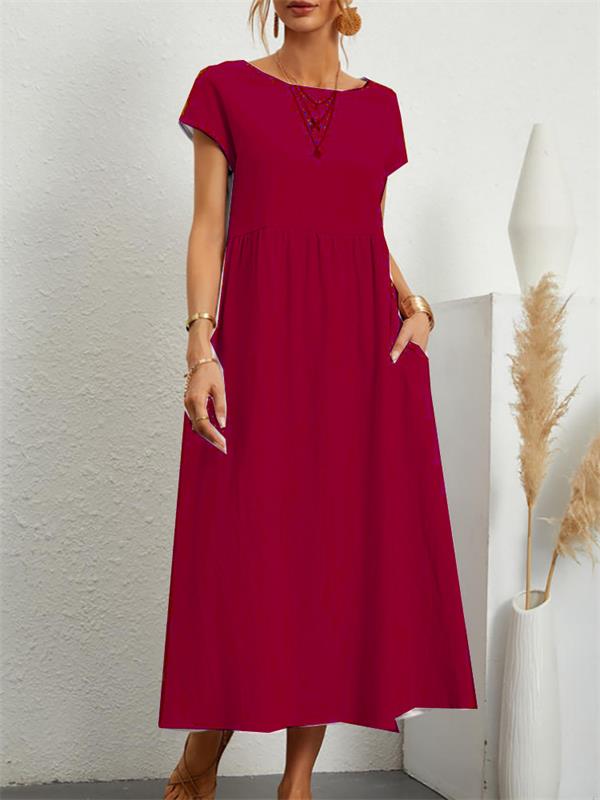 Fashion Solid Color Cotton Linen Pocket Dress