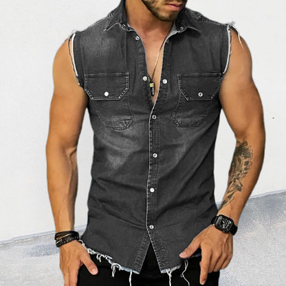 MEN'S VINTAGE LAPEL SLEEVELESS DENIM SHIRT