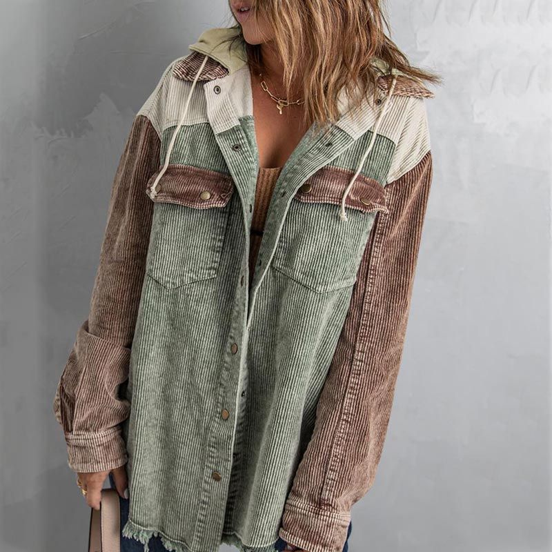 Women's Casual Corduroy Hooded Color Block Jacket