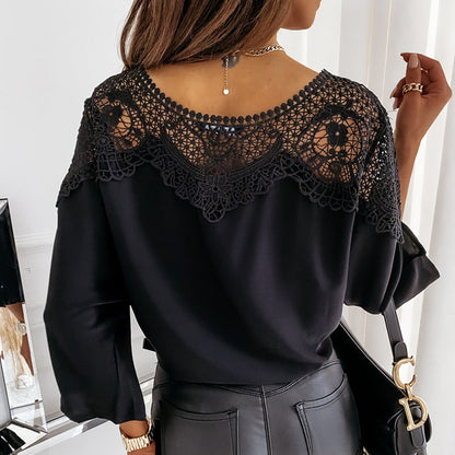 Women's Autumn 3/4 Sleeves Sexy Lace Sewn Elegant Vintage Style Blouse.