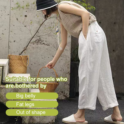 Vintage Cotton And Linen Elastic Waist Casual Trousers For Woman