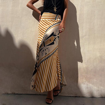 Women’s Satin Geometric Print Elastic-waist Maxi Skirt