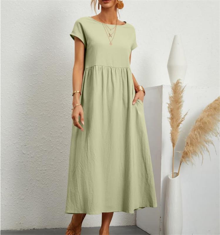 Fashion Solid Color Cotton Linen Pocket Dress