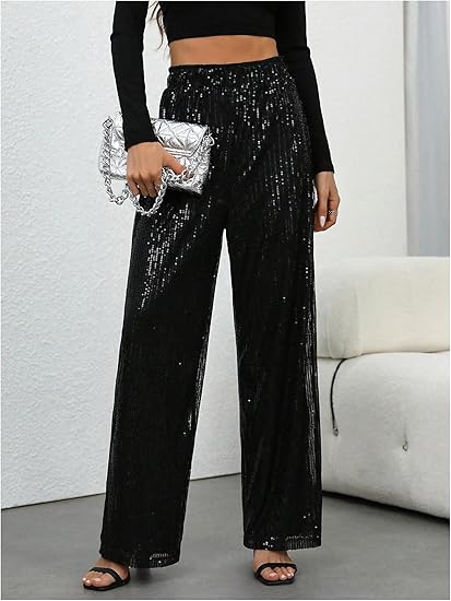 Women's Sequin Sparkle Wide Leg Pants with Elastic Waistband