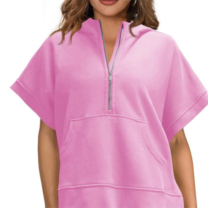 Oversized Casual Half Zip Short Sleeve Pullover Tops with Pockets