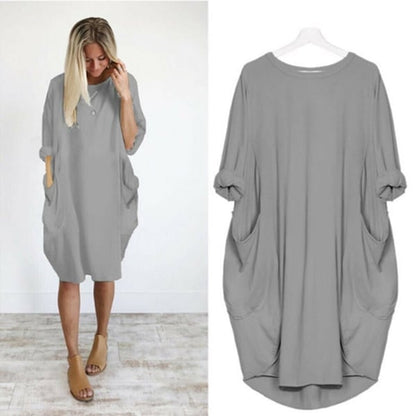 17 Colors Women Casual Loose Pocket Long Sleeves Dress