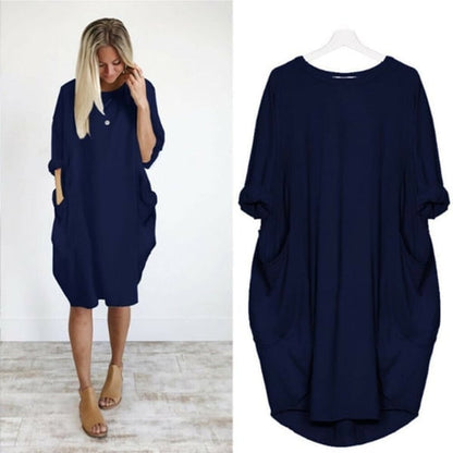 17 Colors Women Casual Loose Pocket Long Sleeves Dress