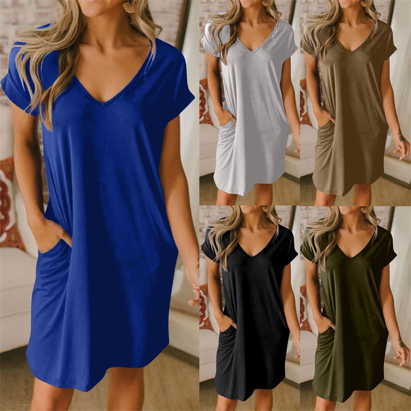 🥰V-Neck T-Shirt Dress With Pockets🌸