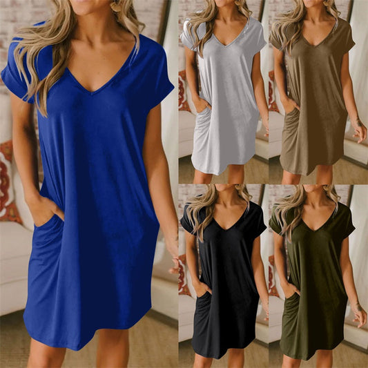 🥰V-Neck T-Shirt Dress With Pockets🌸