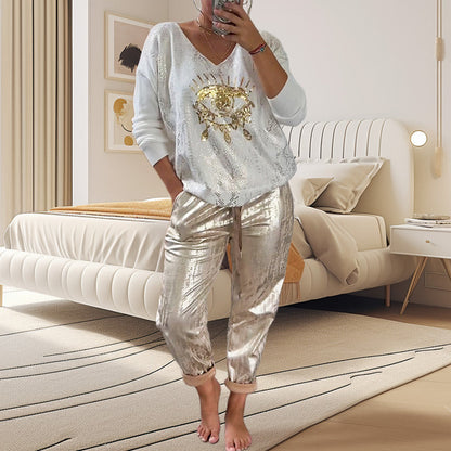 🌷💝Devil's Eye Gold Foil Top and Sequin Pants Set