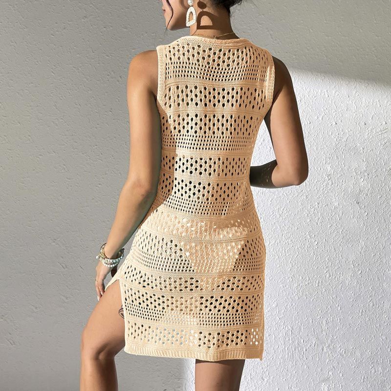 Women’s Elegant Knitted Hollowed Beach Dress In Solid Color