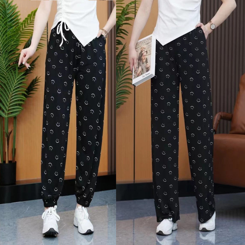 Smile Face Print Casual Ice Silk Pants with Pockets