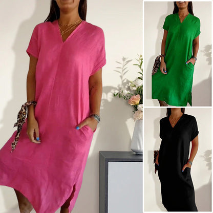 V-Neck Short Sleeve Slit Dress For Women