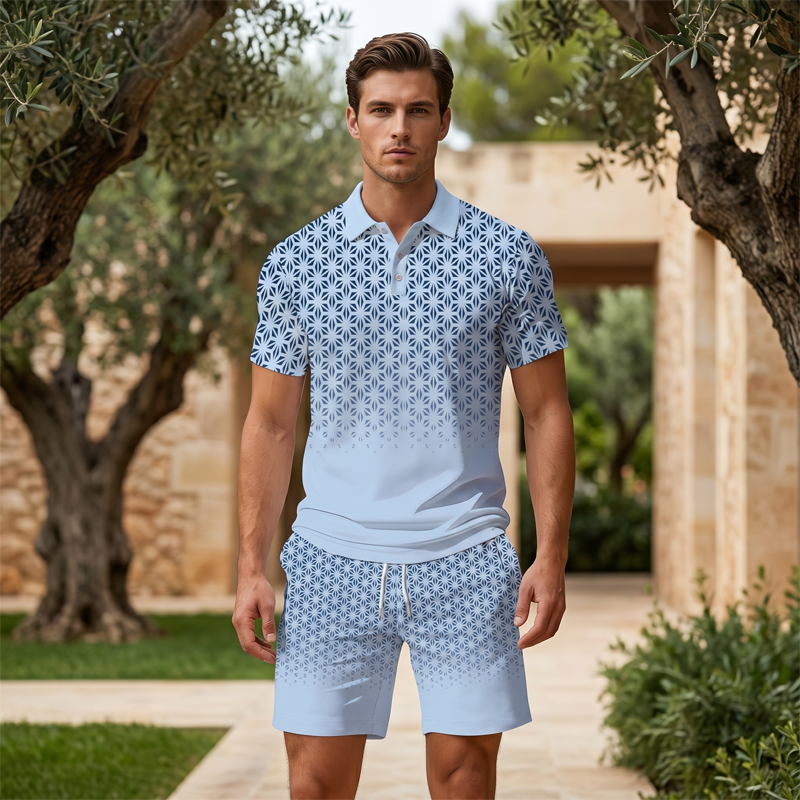 👕 Men's Geometric Print Collared Top & Shorts Set – Modern Pattern & Breathable Coordinated Look 🔷