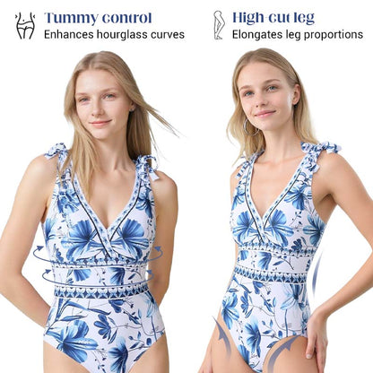 💥 V Neck Lace Up Printed One Piece Swimsuit and Skirt