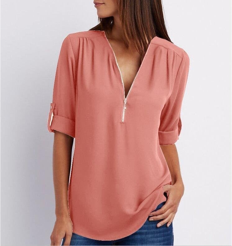 🔥2024 Summer New Arrivals🎉Plus Size Loose  3/4 Sleeve Zipper Blouse