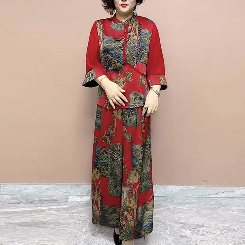 Plus Size Flowy Fashion Printed 2-Piece Set for Middle-aged Women