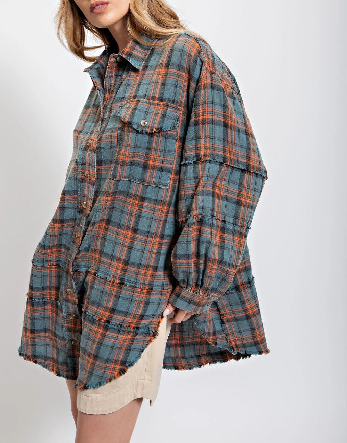 Women's Mineral Washed Button Down Plaid Shirt