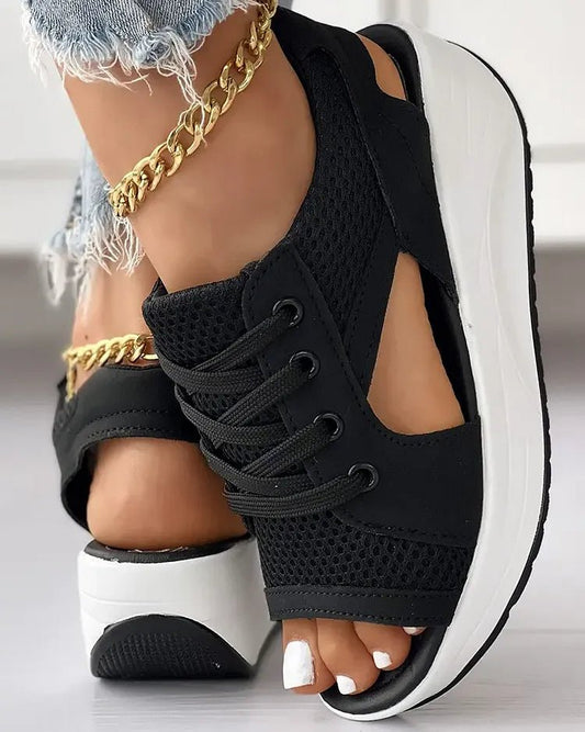 Contrast Paneled Cutout Lace-Up Muffin Sandals