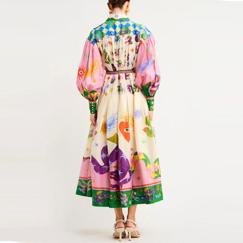Vintage French Court Style Pleated Print Dress