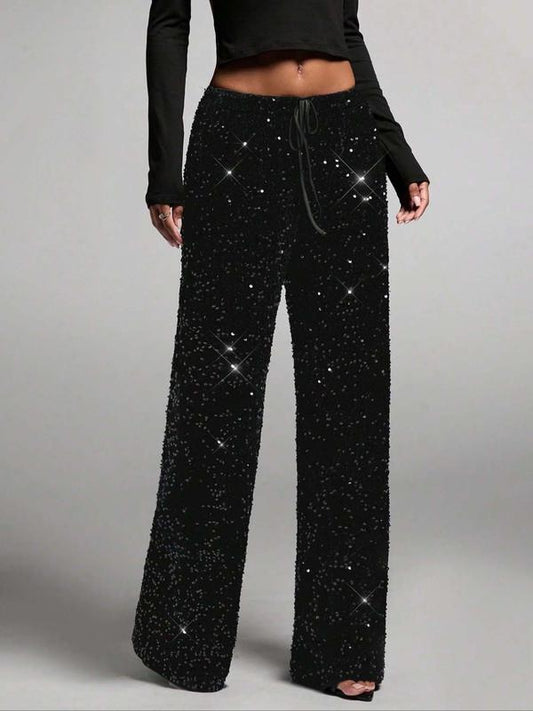 Women's Sequin Sparkle Wide Leg Pants with Elastic Waistband