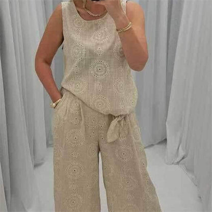 Casual Sleeveless Top Wide Leg Pants 2 Piece Set