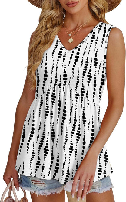 💜Women's Print Flowy Sleeveless V Neck Peplum Tank Tops