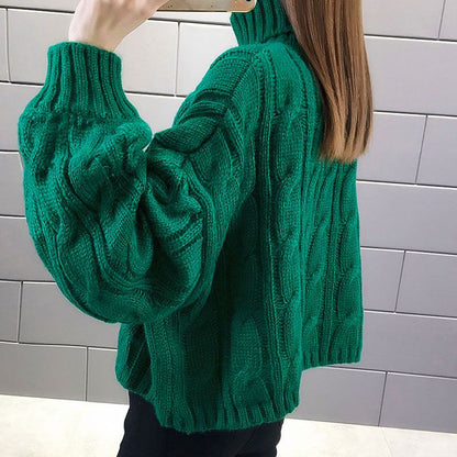 Lady’s Turtleneck Braid Knit Crop Sweater Green - Great Gift