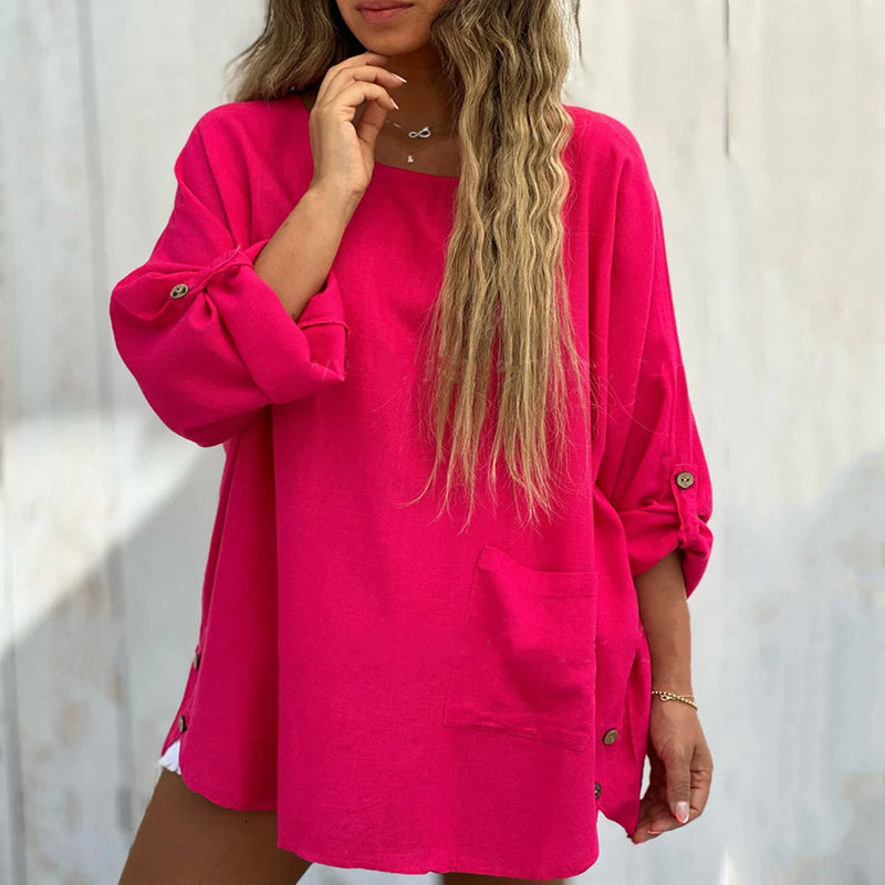 Women's Solid Color Loose Tops with Roll-Up Sleeves