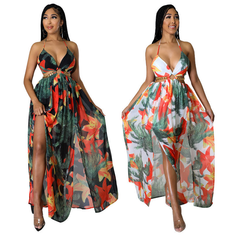 👗Women's Floral Print Chain Decor Split Thigh Tie Back Cami Dress