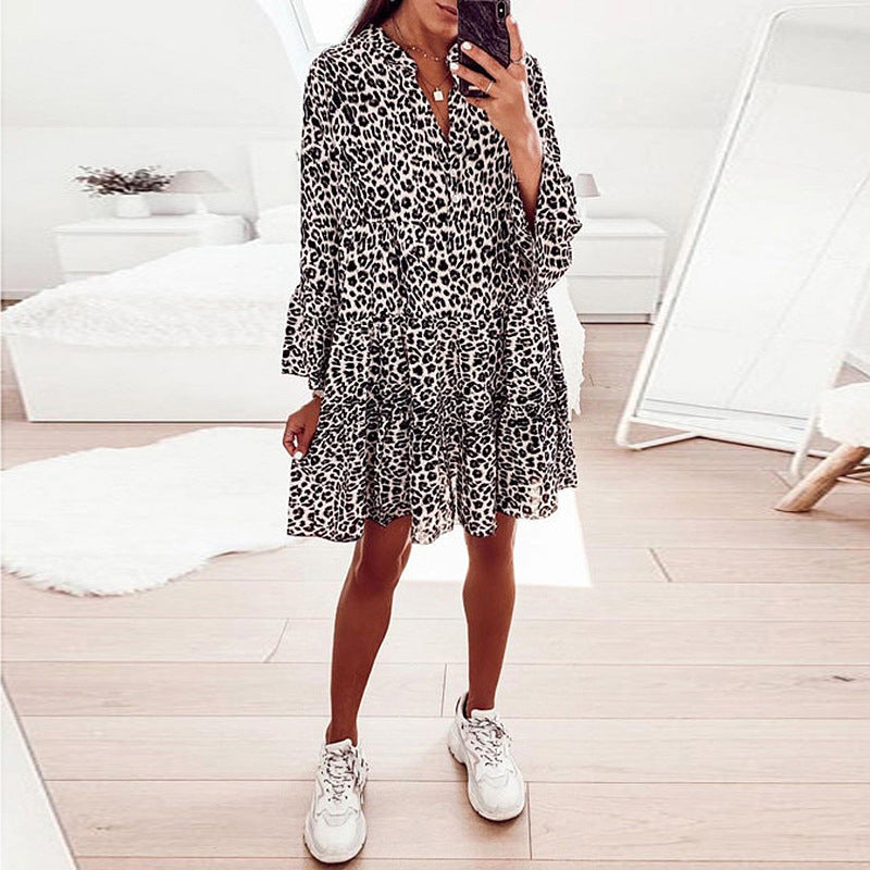 Printed Long-sleeved Loose V-neck Patchwork Dress