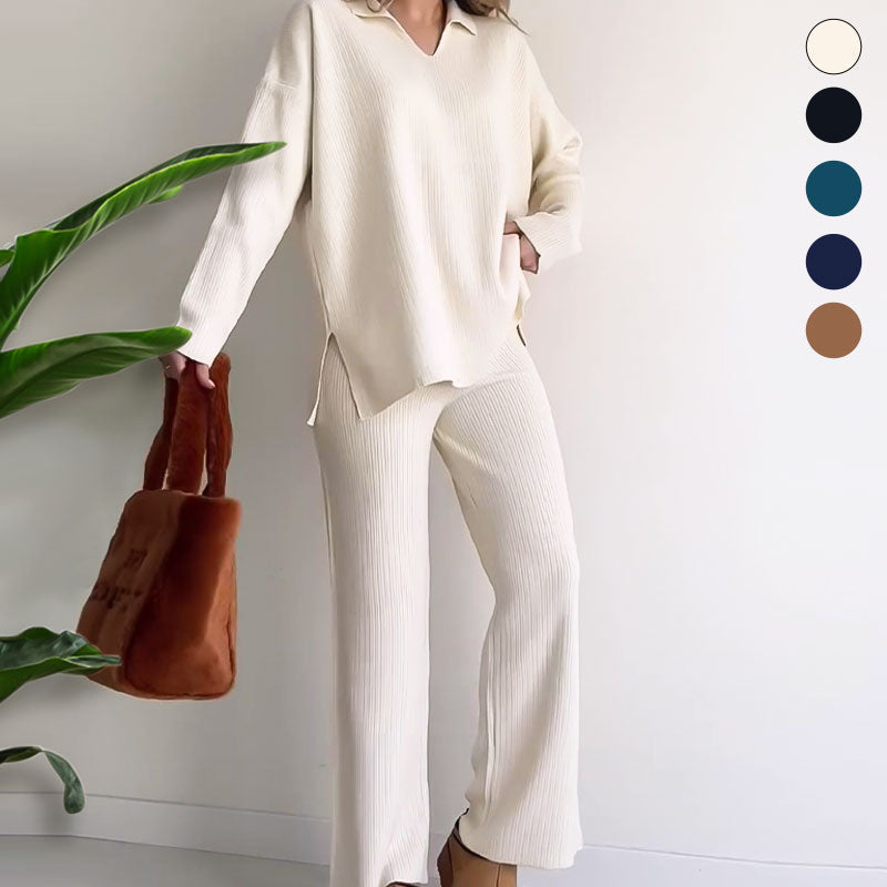 V-Neck Casual Slit Knitted Two-Piece Set