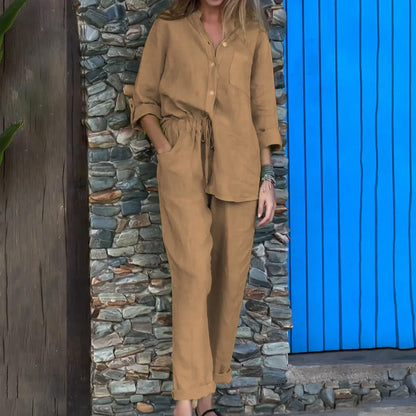 Casual Solid Color V-Neck Shirt & Pants Cotton Linen Two-Piece Set