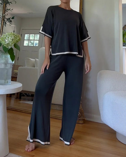 Round Neck Short-sleeved Top Pants Splicing Two-piece Suit