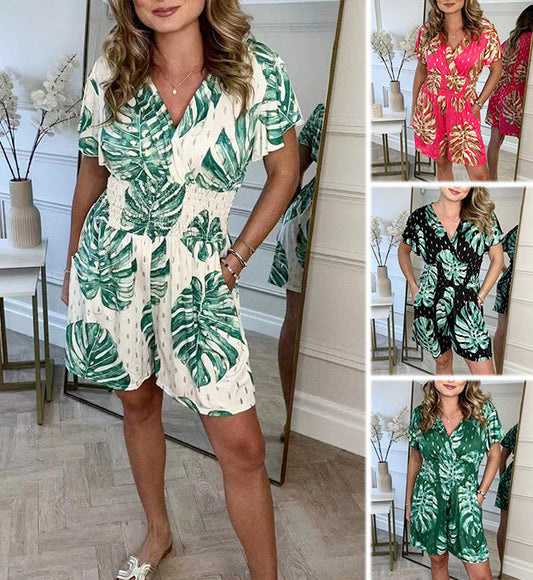 🌸NEW HOT SALE🔥Women's Botanical Print Elastic Waist Jumpsuit